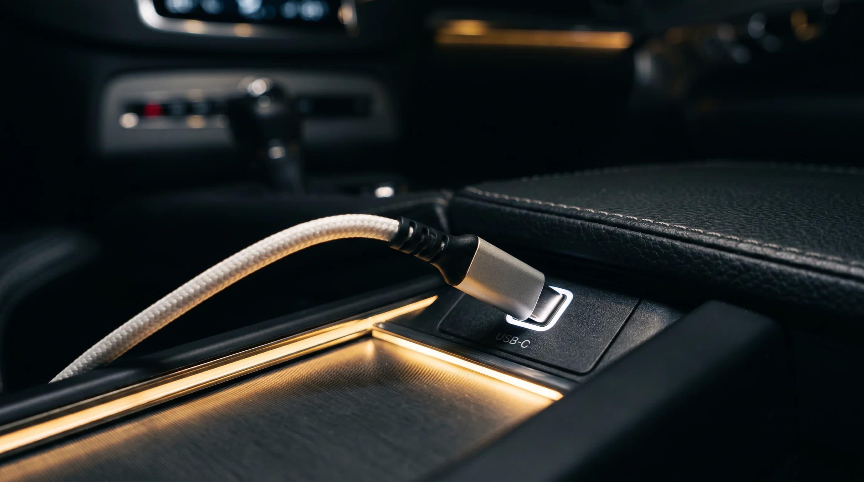 USB-C charging cable in the luxury car console