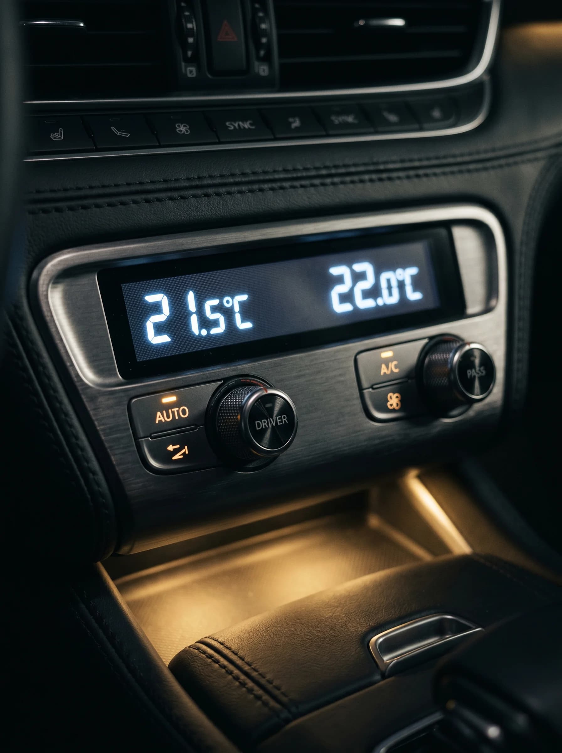 Glowing climate control panel in a dark interior