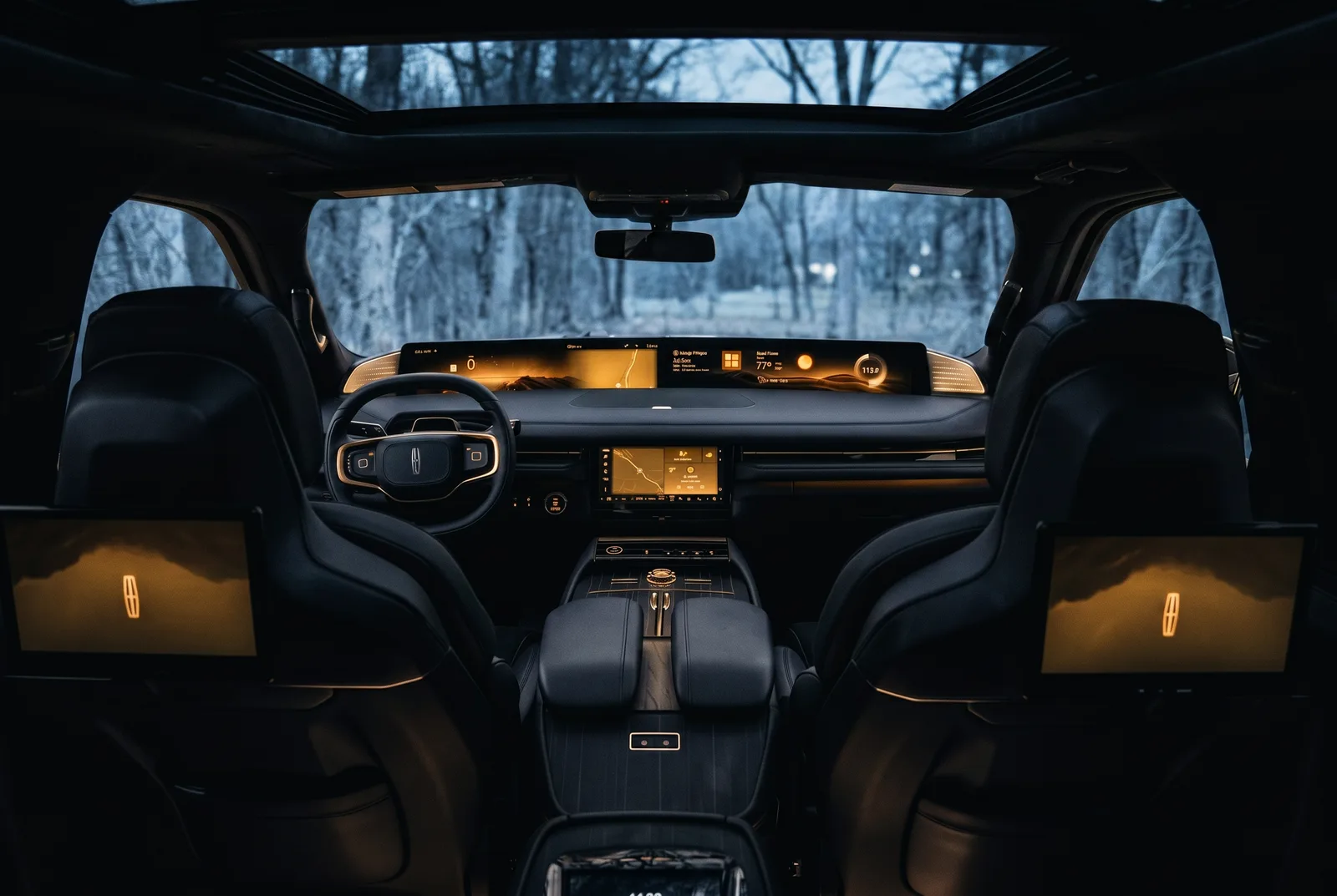 Wide view of the Lincoln Navigator's illuminated cabin at night