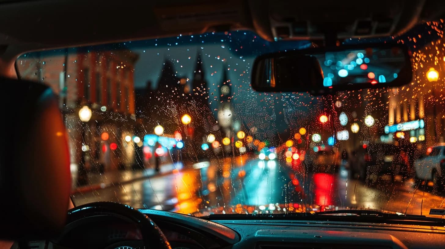 Rain on a dark tinted car window with city bokeh beyond