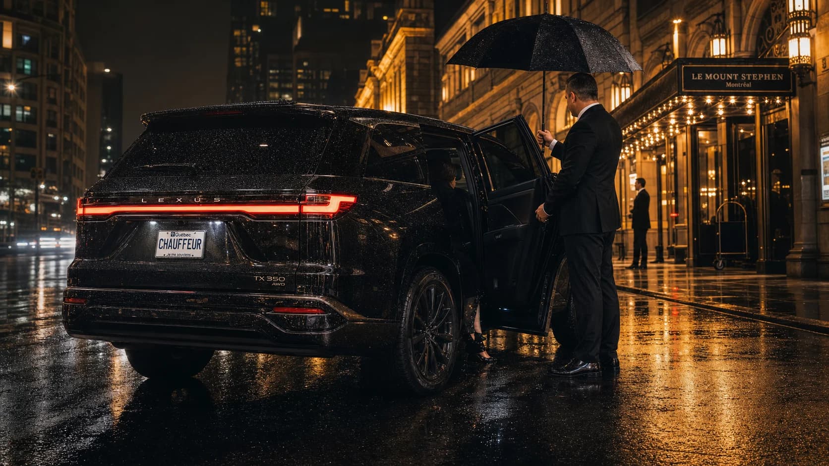 Black Lexus TX 350 AWD outside a Montréal hotel at night