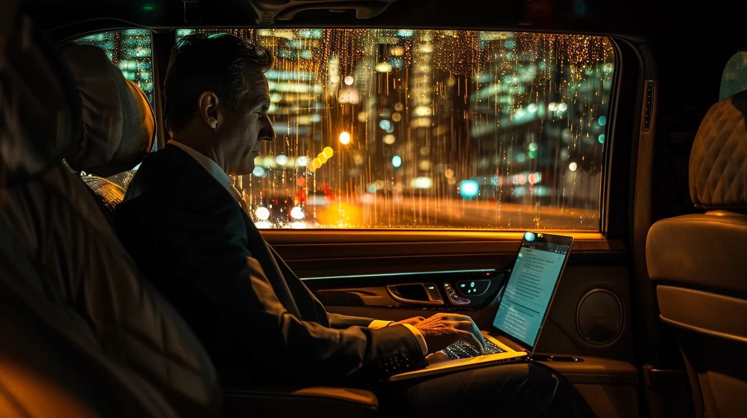 A businessman works on a laptop in the backseat of a luxury SUV at night