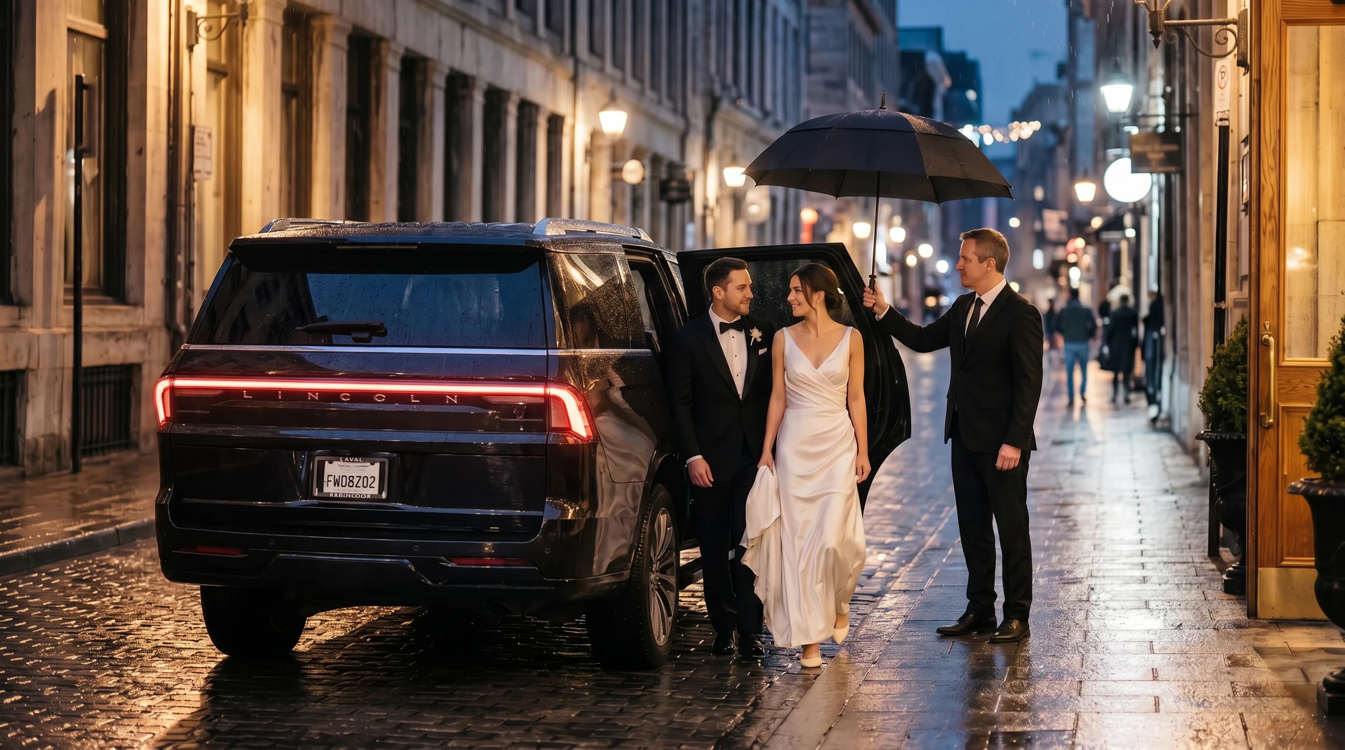 A couple on a wet Montréal cobblestone street under an umbrella, warm venue lights behind them